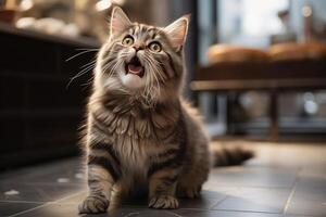 A surprised cat sits on the floor with her mouth wide open. photo