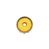 Canned pineapple rings juicy and golden cascading from a can with syrup and steam rising png