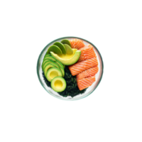 Colorful poke bowl with marinated salmon avocado cucumber seaweed and sesame seeds in a transparent png