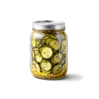 Bread and butter pickles thinly sliced and sweet fanning out of a jar with onion png