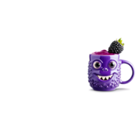 Quirky monster shaped ceramic mug with a vibrant purple glaze filled with a creamy blackberry png