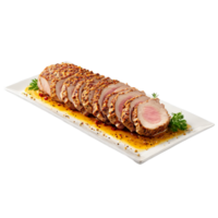 Pork tenderloin with golden sear sliced floating and steaming Food and culinary concept png