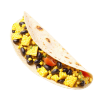 Tofu scramble taco corn tortilla turmeric tofu and black bean filling spilling out isolated Food png