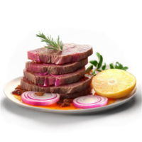 Lamb liver pink seared slices onion marmalade spooning Food and Culinary concept png