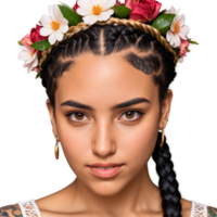 Young Latina woman with braided crown and floral tattoo adorable face pleasing eyes snarling mouth. Essence of diverse femininity. png
