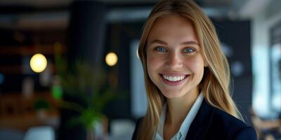 Happy business woman, office and accountant smile for career ambition, secretary or financial advisor Face portrait of female person in pride for accounting job, Helpdesk or success at the workplace photo
