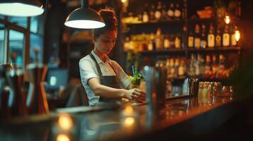 Focused female bartender garnishing a cocktail at a dimly lit bar, ideal for hospitality, nightlife, and New Year celebrations themes photo