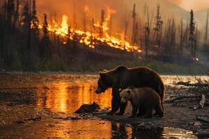 oso y cachorros por un río, buscando refugio desde el calor y llamas, conmovedor familia momento foto