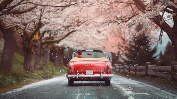 classic convertible drives with man down open road, cherry blossoms fall like snow, freedom theme photo