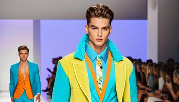 Caucasian male models showcase vibrant, summer inspired suits on a fashion show runway, reflecting contemporary fashion trends and seasonal styles photo