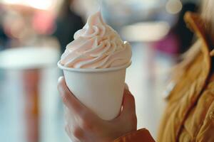 Close up of a persons hand holding a creamy swirl of soft serve ice cream in a white paper cup, suggestive of summer treats and indulgence photo