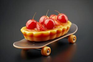 Creative concept of a caramel tart topped with cherries on a skateboard, symbolizing unconventional summer treats and youth lifestyle on a dark backdrop photo