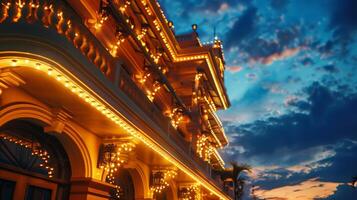 Elegant building facade illuminated by warm lights at twilight, evoking concepts of luxury travel, prestigious events, and Christmas or New Years Eve celebrations photo