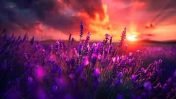 iluminado por el sol lavanda campo a puesta de sol vibrante púrpura flores debajo un ardiente cielo dorado hora Encendiendo foto