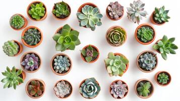 High angle view of various succulents in small pots on a white background photo