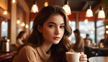 joven mujer disfrutando un café en un acogedor café configuración, Perfecto para estilo de vida blogs y internacional café día promociones foto