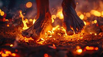 barefoot villager crosses glowing embers in ancient fire walking ritual, night illumination photo