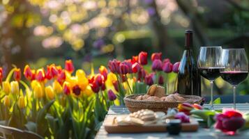 Perfect photo, stock style photo Elegant outdoor dining set amongst colorful tulips, featuring a basket with wine and gourmet snacks