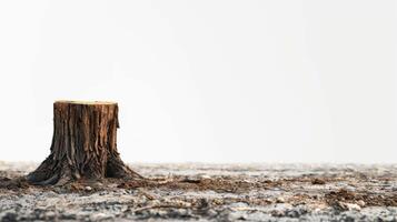 Deforestation issue shown by a lone tree stump in a barren landscape, isolated on white background photo