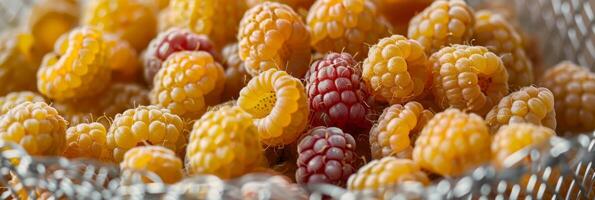 golden raspberries in a silver mesh basket, delicate and rare, soft focus background photo