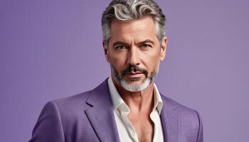 Mature Caucasian man with grey hair and beard, wearing a stylish purple suit against a lilac background, embodying Fathers Day and success concepts photo