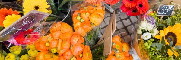 Assorted colorful fresh cut flowers for sale at a market stall with prices displayed, ideal for Mothers Day, International Womens Day, or spring celebrations photo