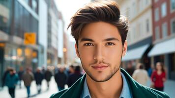 confidente joven adulto masculino con elegante pelo y sutil barba posando en un bullicioso ciudad calle, evocando urbano estilo de vida y casual Moda no relacionado a específico conceptos o Días festivos foto