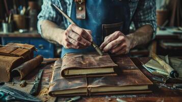 artisan creating handmade leather journals, close up of tools on a rustic workshop table photo