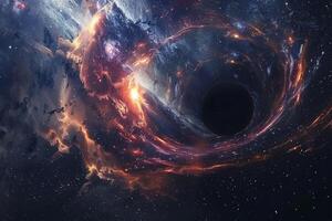 Vortex of swirling cosmic dust and radiant stars encapsulating an ominous black hole in the abyss of deep space photo