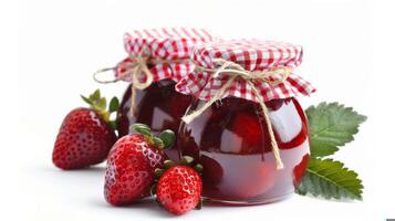 homemade strawberry jam jar, gingham lids, isolated on a white background photo