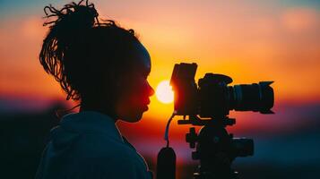 silueta de un fotógrafo utilizando un cámara en un trípode durante un vibrante atardecer, representando creatividad, mundo fotografía día, y ocio ocupaciones foto