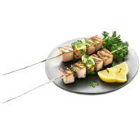 grillé espadon brochettes carboniser Des marques citron coin persil olive pétrole bruine culinaire et nourriture concept png