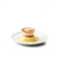 Seared scallop golden crusted bivalve in glass dish beurre blanc sauce pooled isolated on transparent png