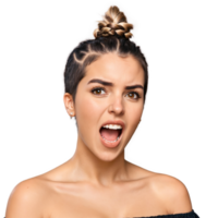 Woman in her 20s with a braided faux hawk and an off shoulder crop top. Essence of diverse femininity. png
