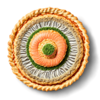Kulebyaka Mandala golden puff pastry pie with salmon rice and mushroom filling spiraling into an png