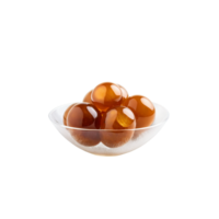 Gulab jamun golden brown spheres in a transparent glass bowl top down png