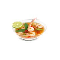 Spicy tom yum soup in glass dish shrimp twirling lemongrass swirling chili peppers floating lime png