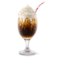 Root beer with vanilla ice cream and foam swirling in a glass with liquid splattering png