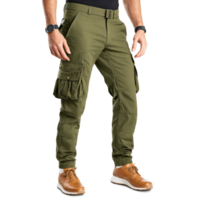 Stylish cargo pants in olive green with multiple pockets and a tapered leg levitating Mockup png