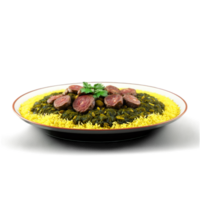 Iranian ghormeh sabzi herb stew lamb kidney beans dried limes served with saffron rice Culinary png