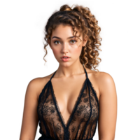 Young woman with curly ponytail and lace romper attractive face pleasing eyes pouting mouth closeup. Essence of diverse femininity. png