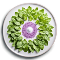 Marjoram mandala a sweet circular pattern of marjoram leaves with powder dusting and steam rising png