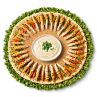 Hähnchen Döner Mandala mariniert Hähnchen Streifen Gemüse und Knoblauch Soße eingewickelt im Pita-Brot spiralförmig in png