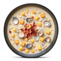 Hearty chowder bowl with creamy clam chowder diced potatoes crispy bacon and oyster crackers served png