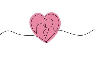 Happy couple with heart continuous line shape. vector