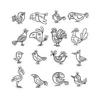 Large Set of outline illustrations of cute birds vector
