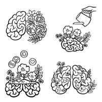 Outline mental health, mind care, brain blossom illustration vector