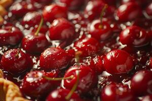 Cherry pie with golden crust, close up with cherries bubbling through, warm homey feel photo