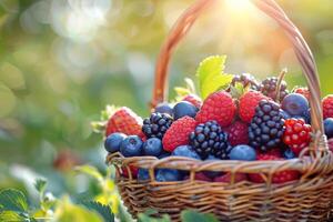 A basket of mixed berries in a sunny garden setting, soft focus background photo