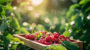 Box of ripe cherries in a garden, sunny day in the park setting photo